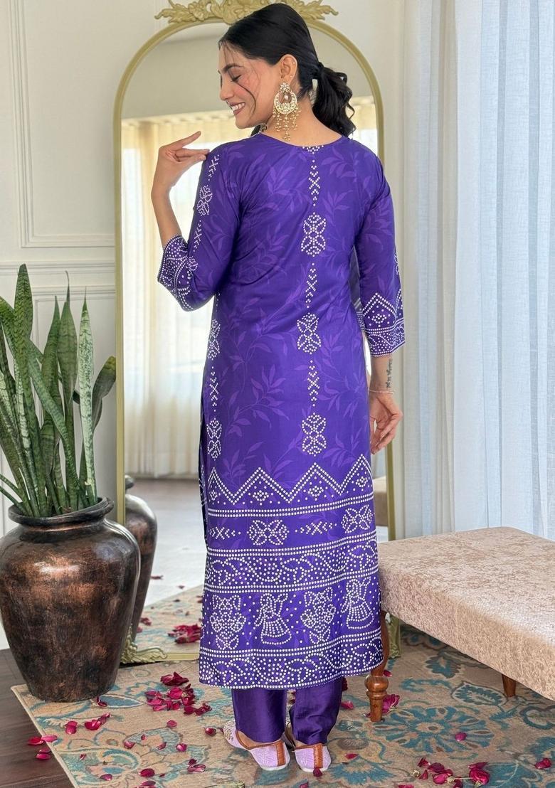 Purple Printed Silk Kurta Set - Indya
