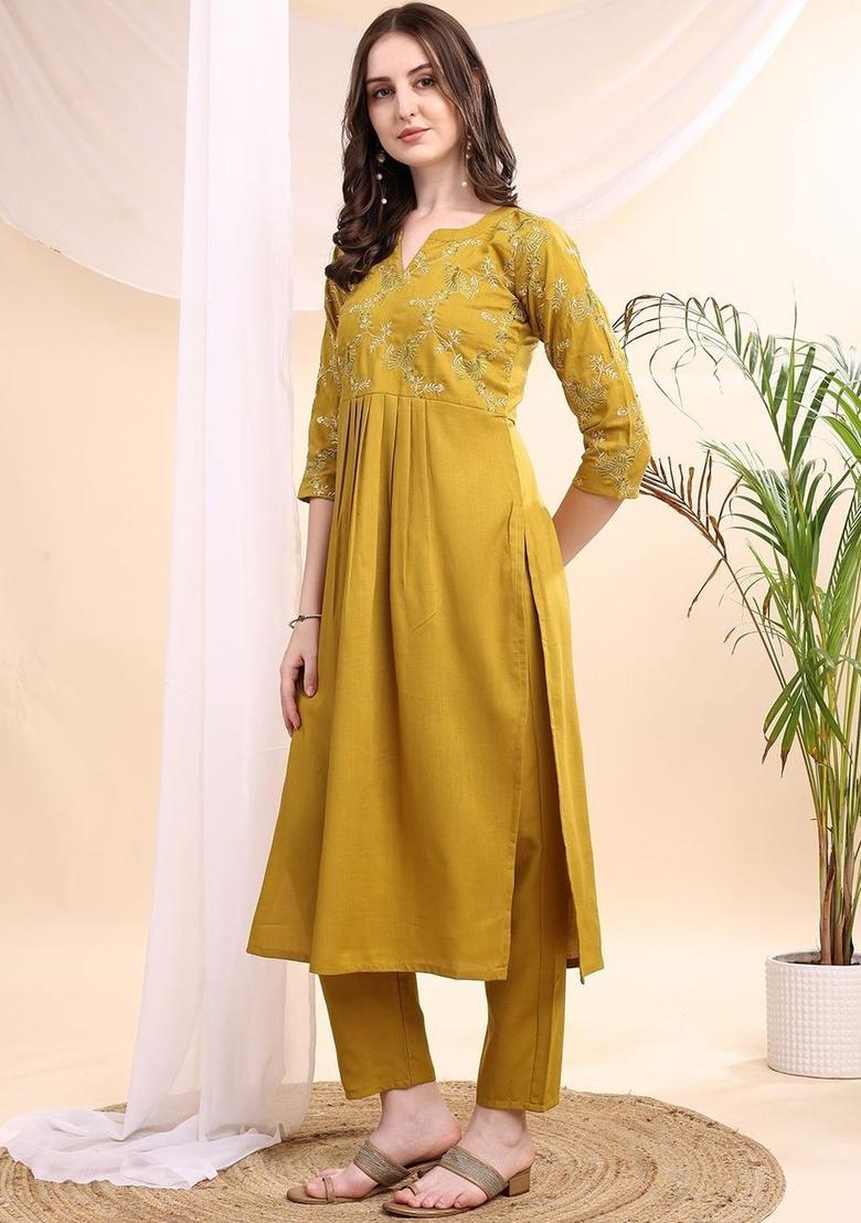 Yellow Embroidered Viscose Kurta Set - Indya