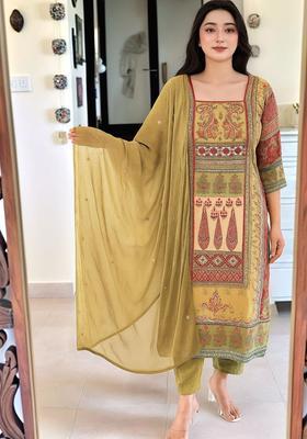 Mustard Printed Viscose Kurta Set