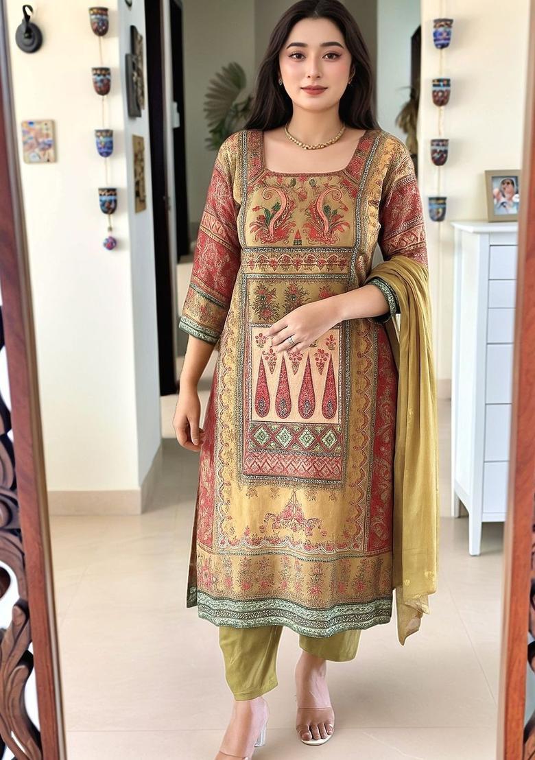 Mustard Printed Viscose Kurta Set - Indya