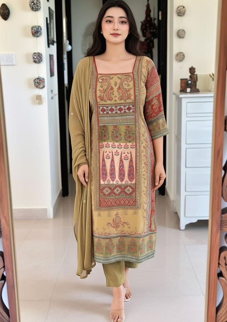 Mustard Printed Viscose Kurta Set - Indya