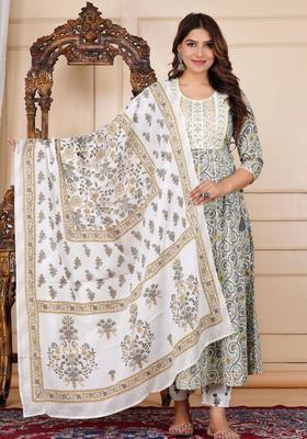 Off White Printed Cotton Kurta Set