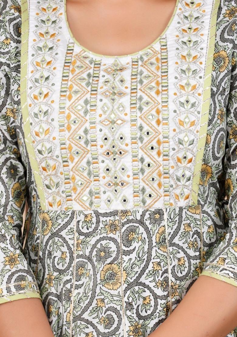 Off White Printed Cotton Kurta Set - Indya