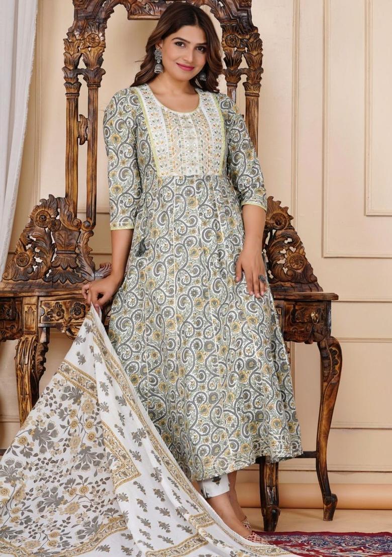 Off White Printed Cotton Kurta Set - Indya