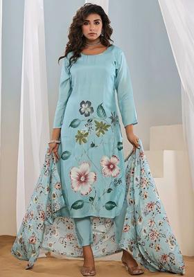 Turquoise Blue Printed Silk Kurta Set