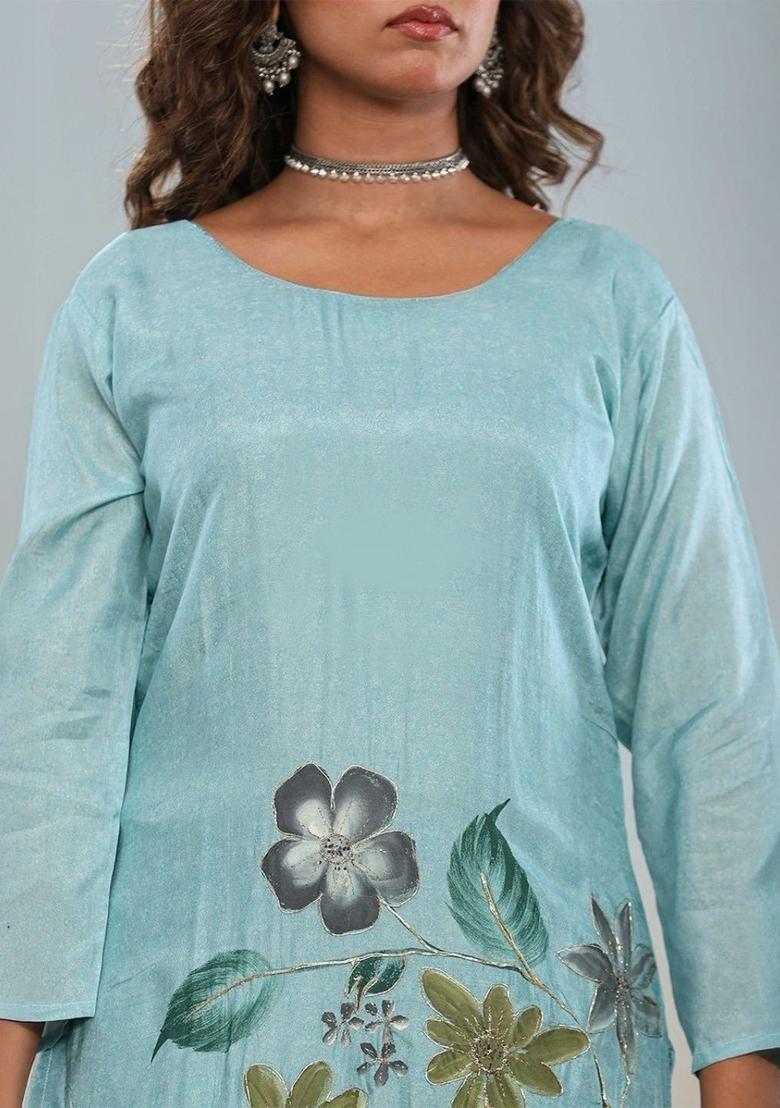 Turquoise Blue Printed Silk Kurta Set - Indya