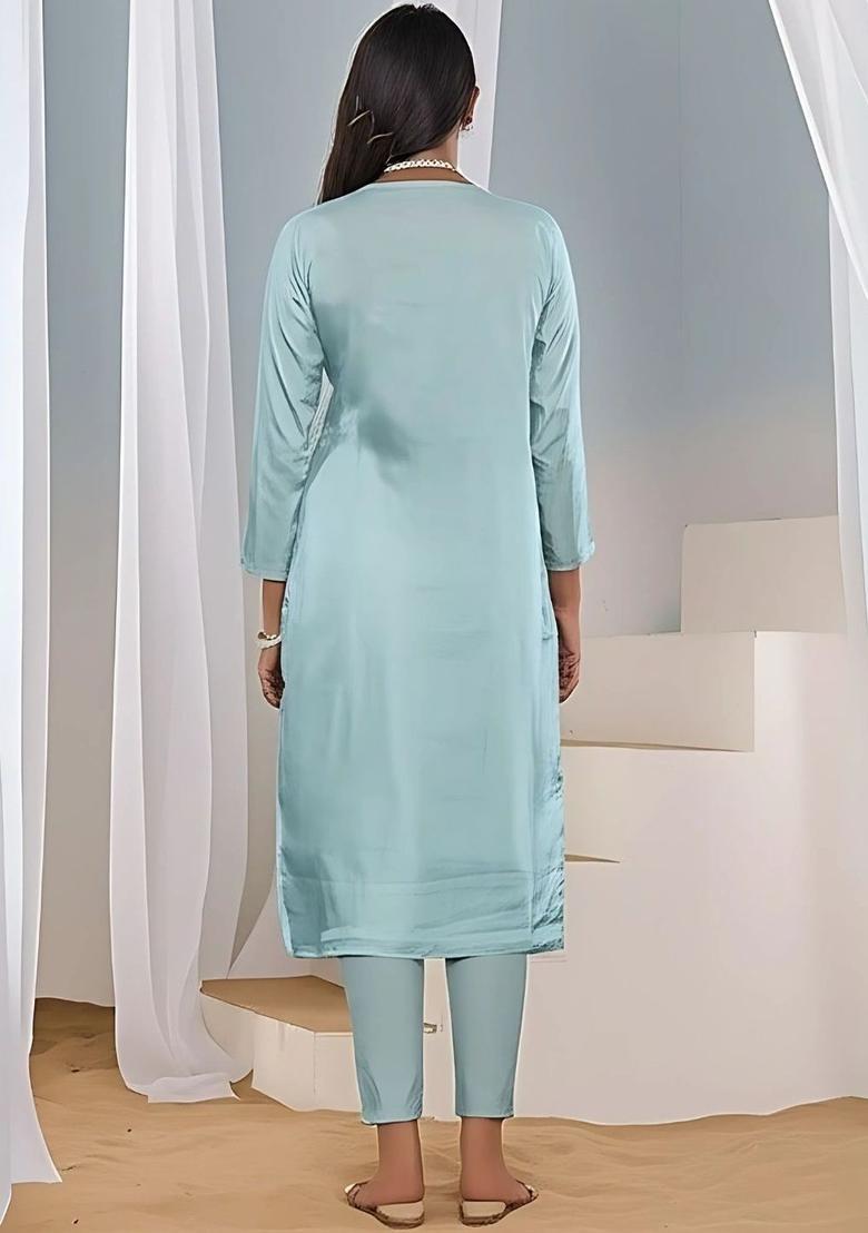 Turquoise Blue Printed Silk Kurta Set - Indya