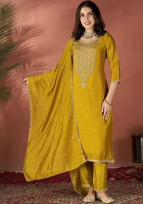 Mustard Embroidered Silk Kurta Set