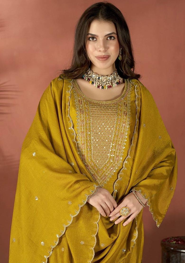 Mustard Embroidered Silk Kurta Set - Indya