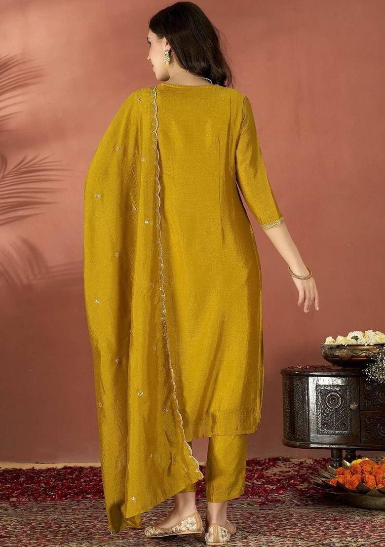 Mustard Embroidered Silk Kurta Set - Indya