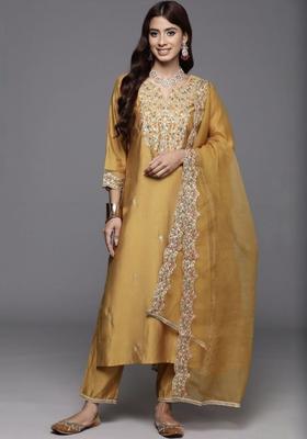Mustard Embroidered Silk Kurta Set