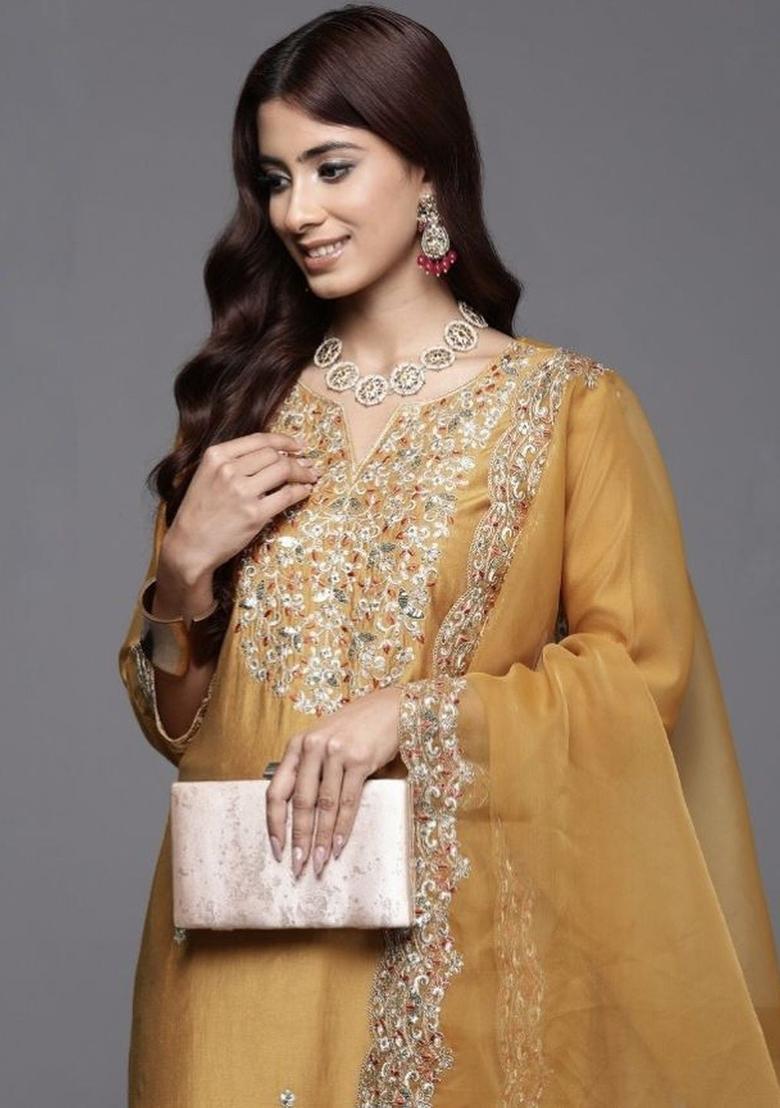 Mustard Embroidered Silk Kurta Set - Indya