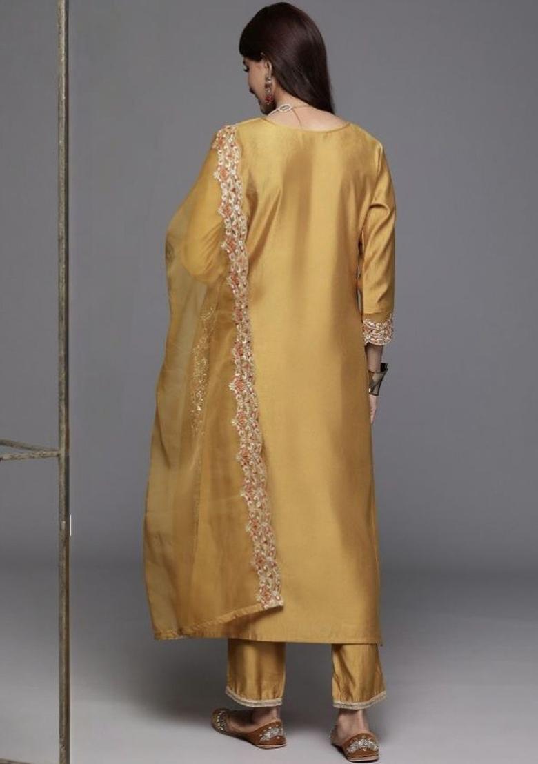 Mustard Embroidered Silk Kurta Set - Indya