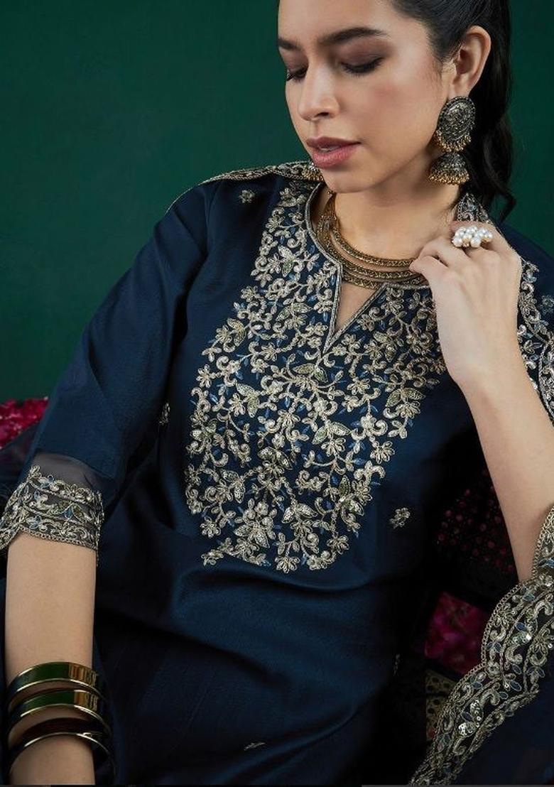 Navy Blue Embroidered Silk Kurta Set - Indya