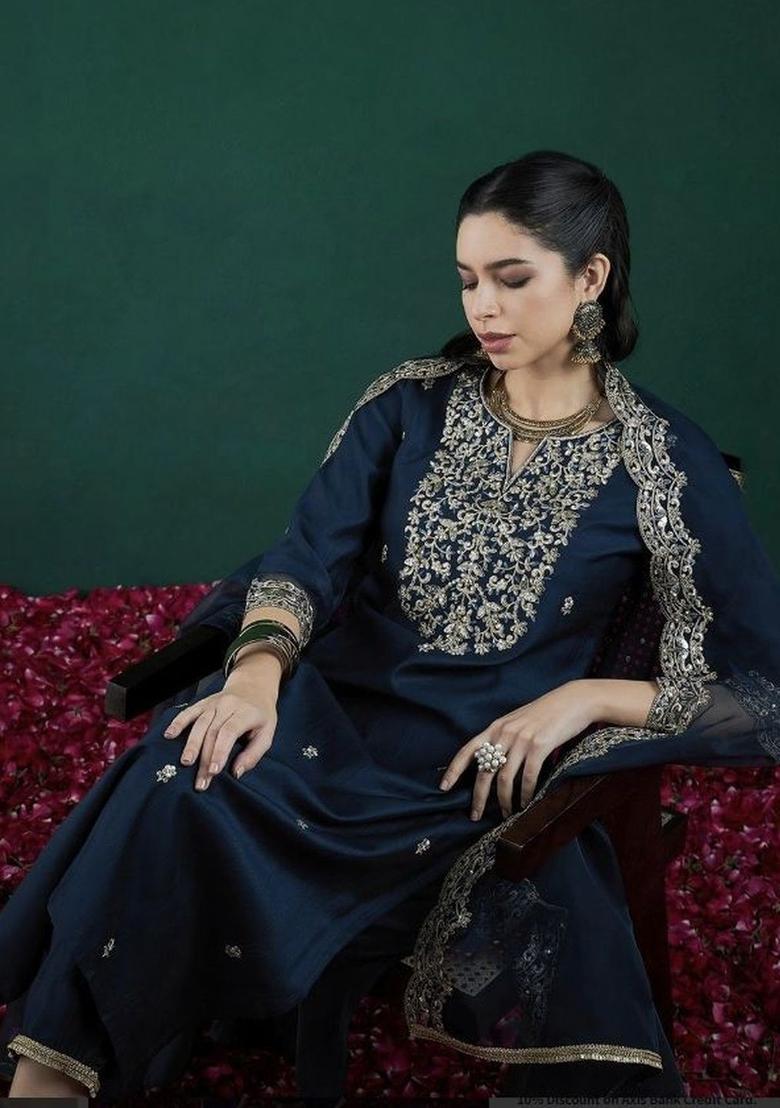 Navy Blue Embroidered Silk Kurta Set - Indya