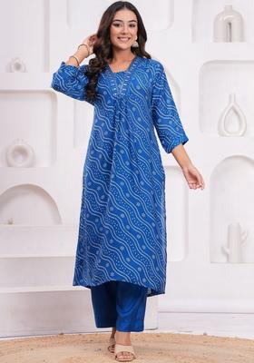 Blue Printed Silk Kurta Set