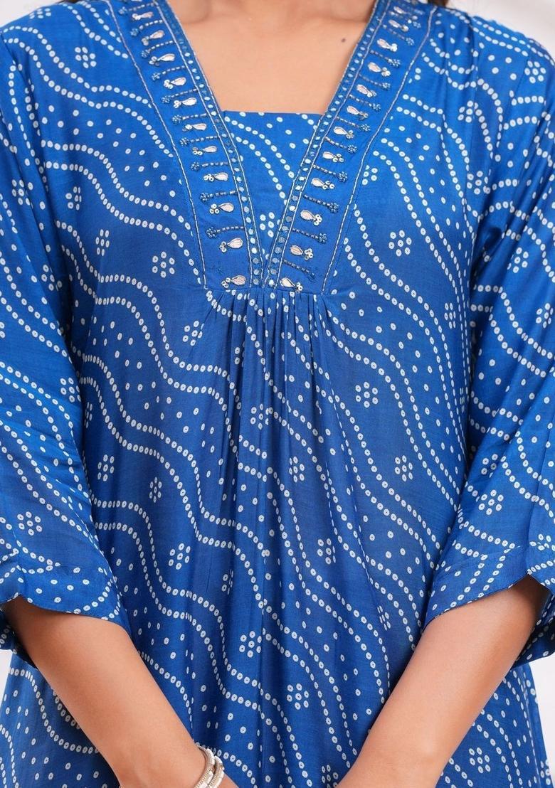 Blue Printed Silk Kurta Set - Indya