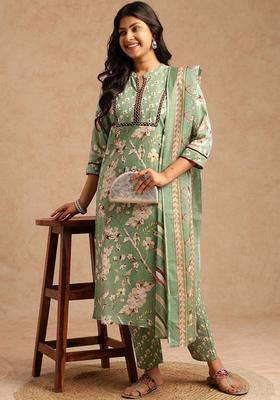 Sea Green Printed Cotton Kurta Set