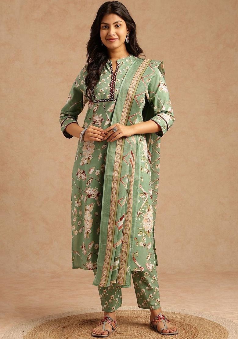 Sea Green Printed Cotton Kurta Set - Indya