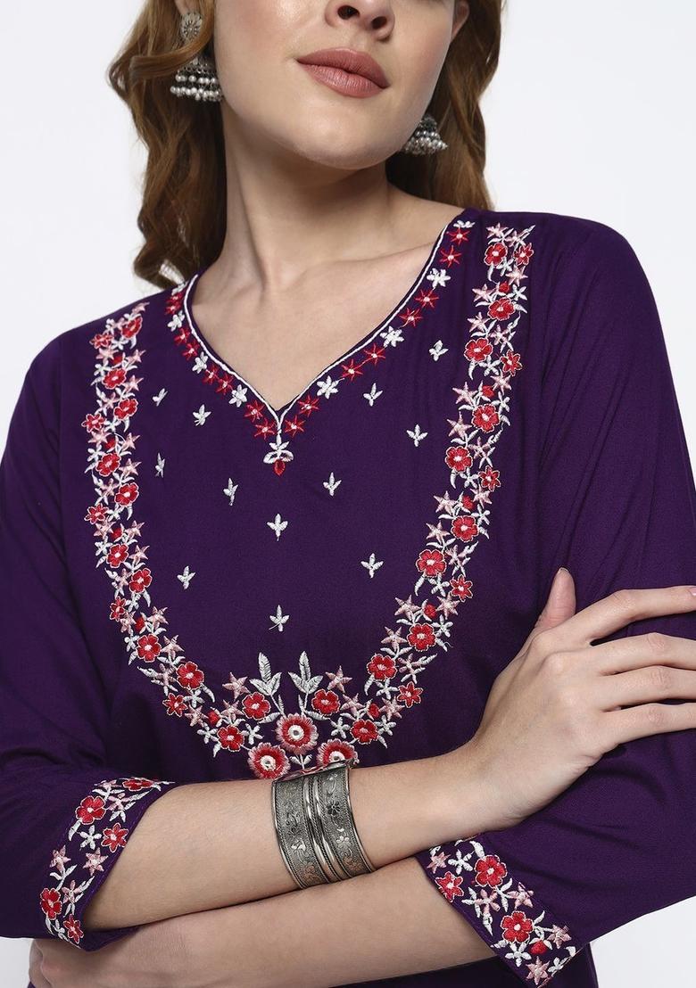 Purple Embroidered Viscose Kurta Set - Indya