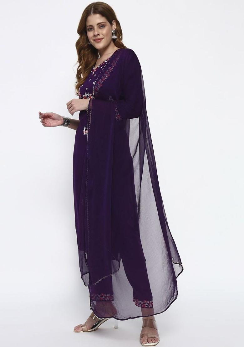 Purple Embroidered Viscose Kurta Set - Indya