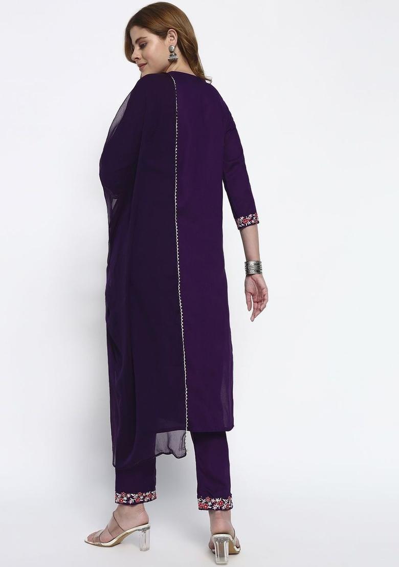 Purple Embroidered Viscose Kurta Set - Indya