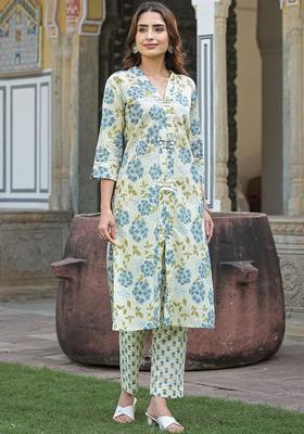Off White Printed Cotton Kurta Set
