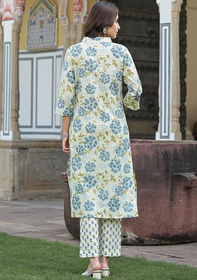 Off White Printed Cotton Kurta Set - Indya