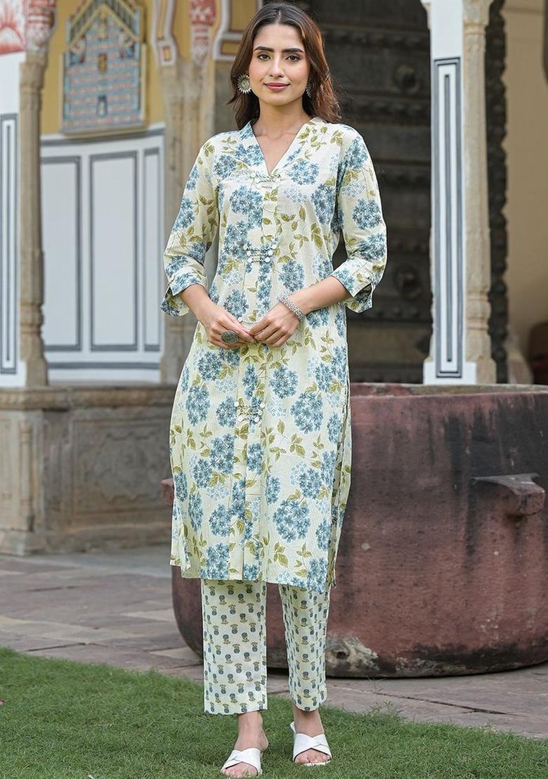 Off White Printed Cotton Kurta Set - Indya
