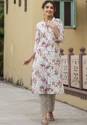 Off White Printed Cotton Kurta Set