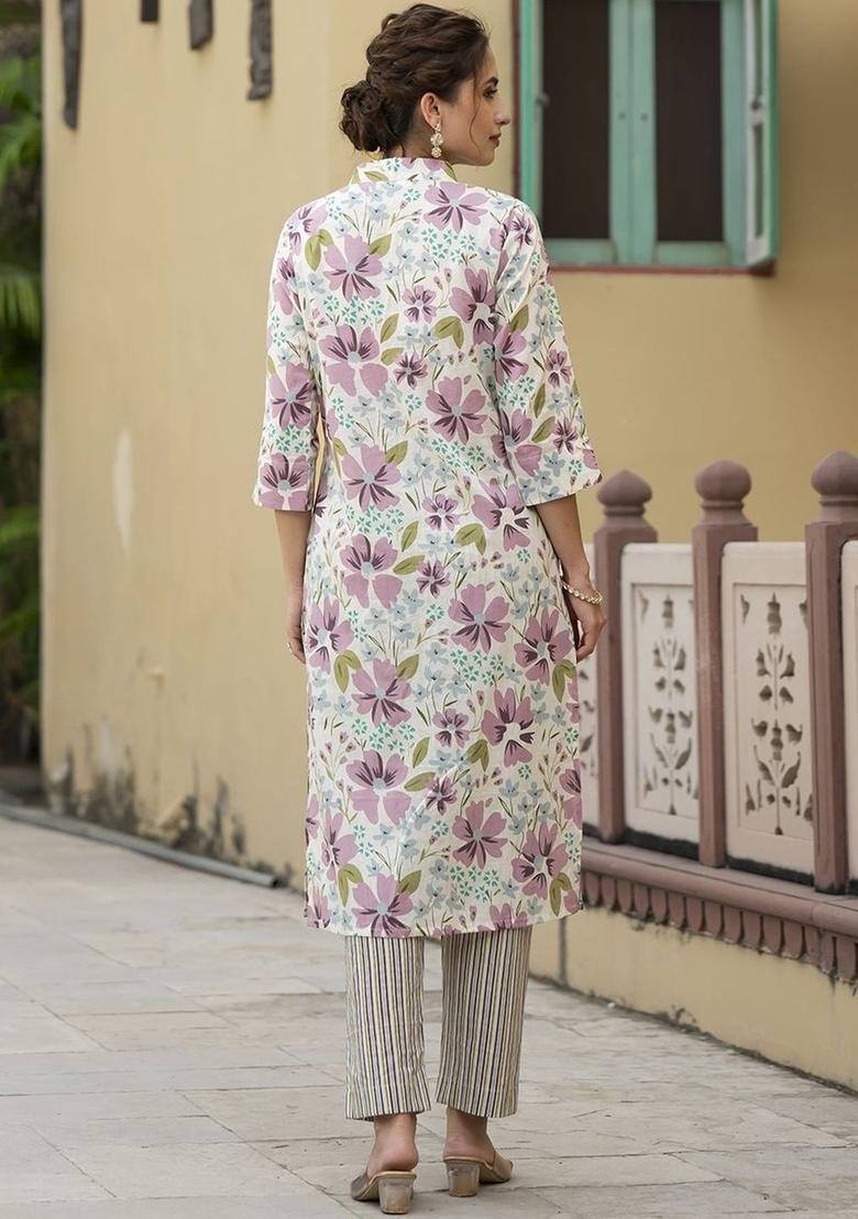 Off White Printed Cotton Kurta Set - Indya
