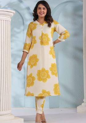 Off White Printed Viscose Kurta Set