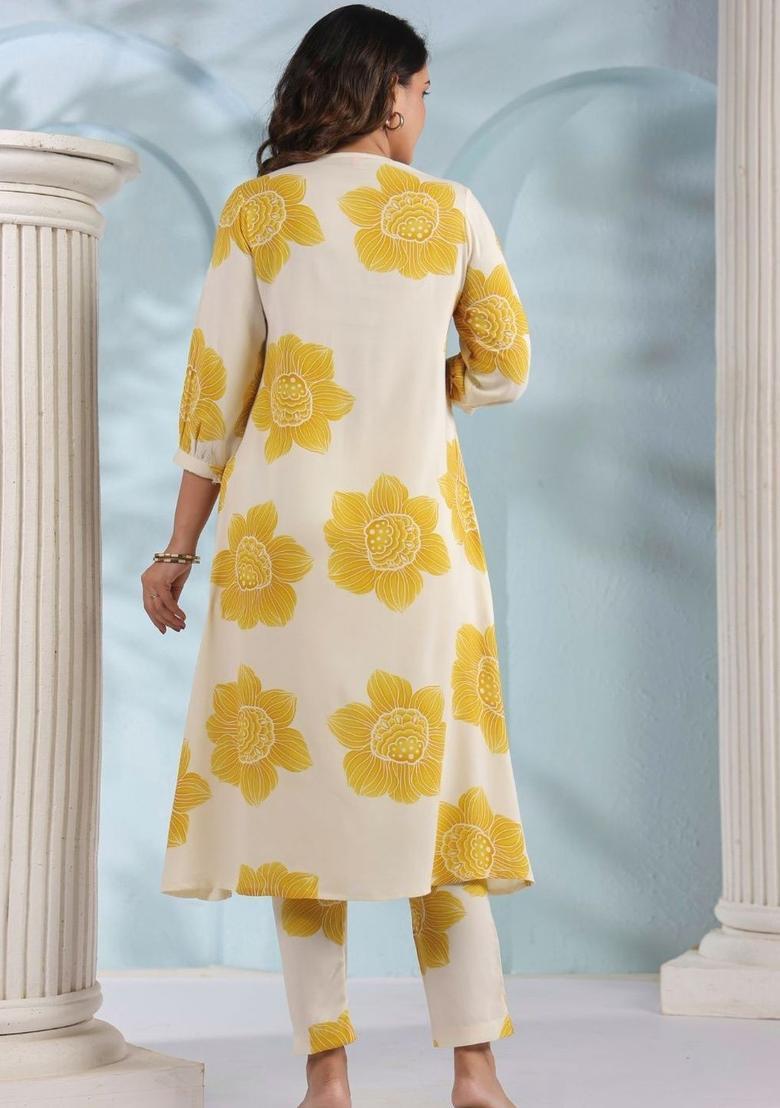 Off White Printed Viscose Kurta Set - Indya
