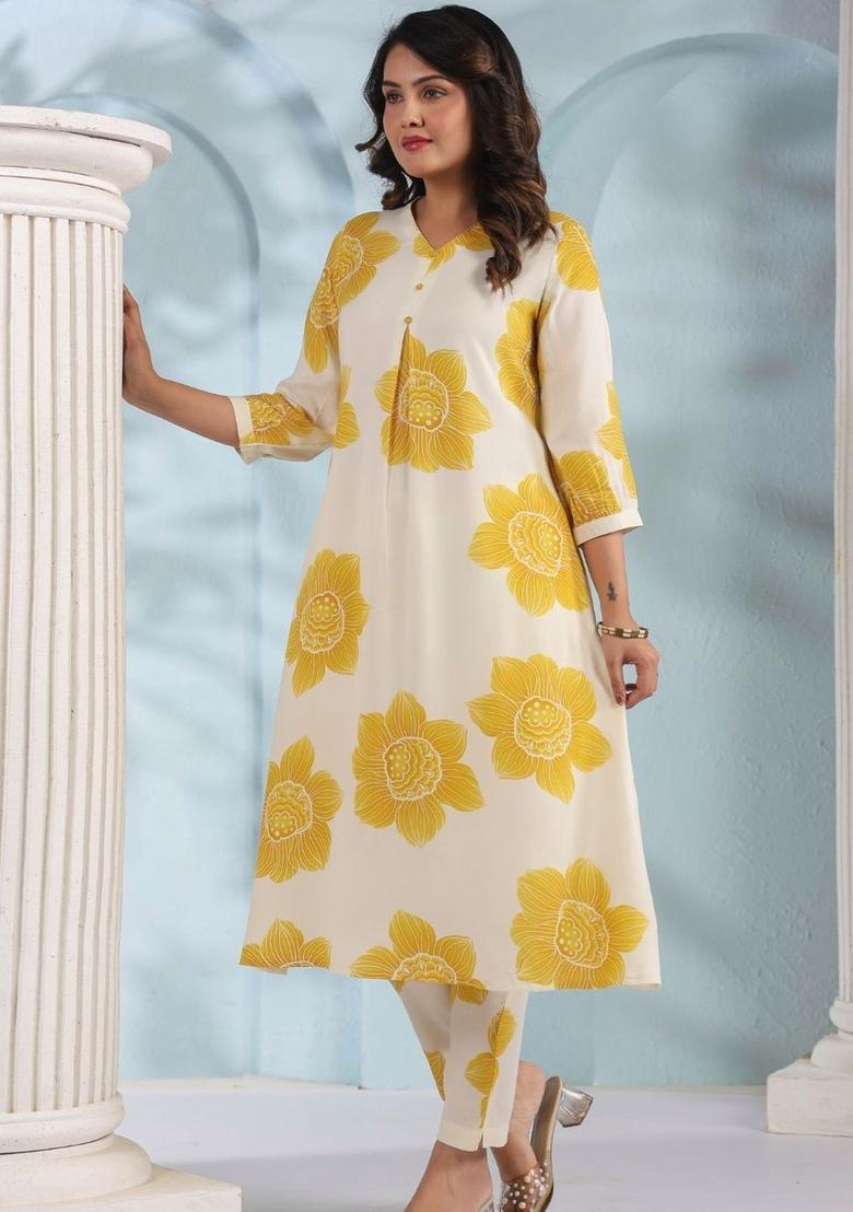 Off White Printed Viscose Kurta Set - Indya