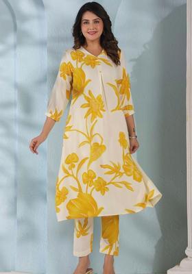 Off White Printed Viscose Kurta Set