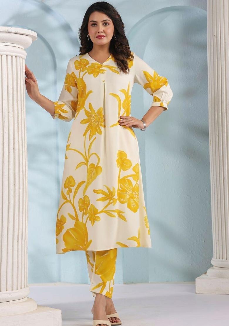 Off White Printed Viscose Kurta Set - Indya