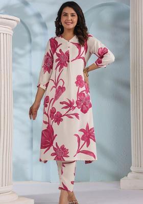 Off White Printed Viscose Kurta Set