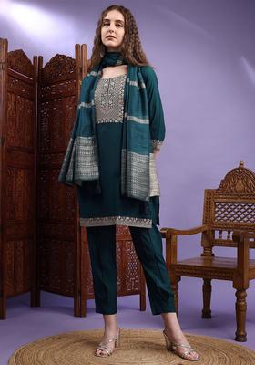 Green Embroidered Silk Kurta Set