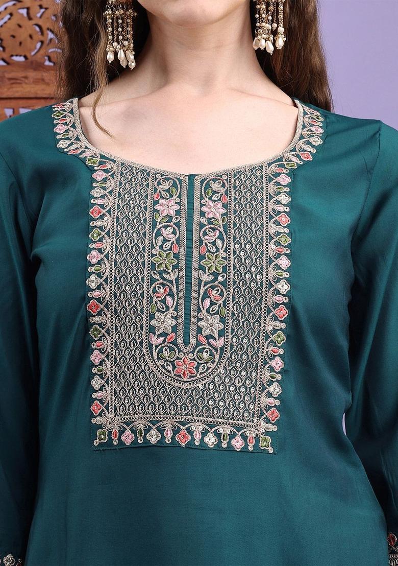 Green Embroidered Silk Kurta Set - Indya