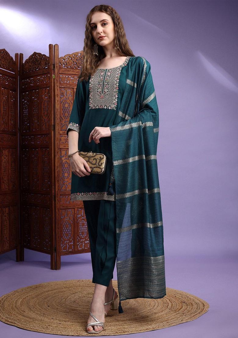 Green Embroidered Silk Kurta Set - Indya