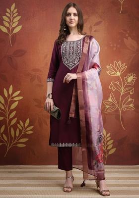 Purple Embroidered Silk Kurta Set