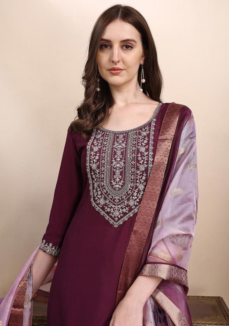 Purple Embroidered Silk Kurta Set - Indya