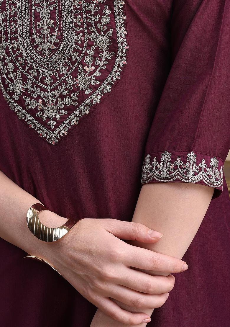 Purple Embroidered Silk Kurta Set - Indya
