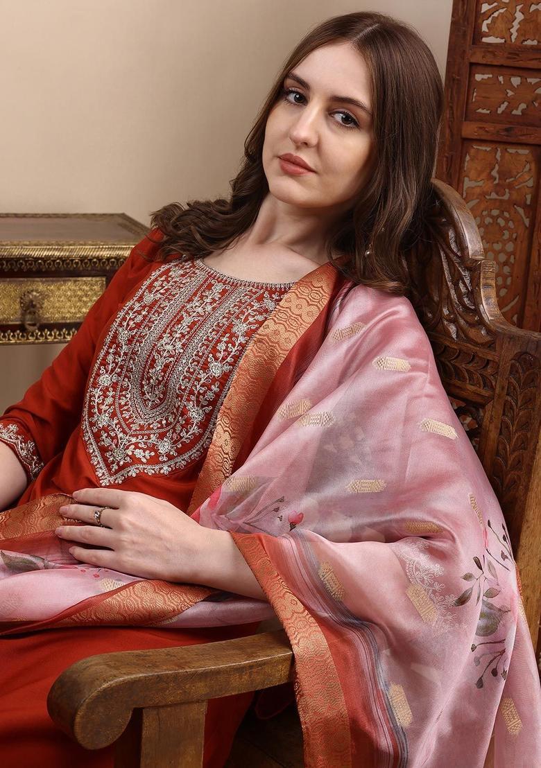 Rust Embroidered Silk Kurta Set - Indya