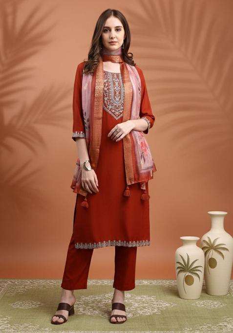 Rust Embroidered Silk Blend Kurta Set