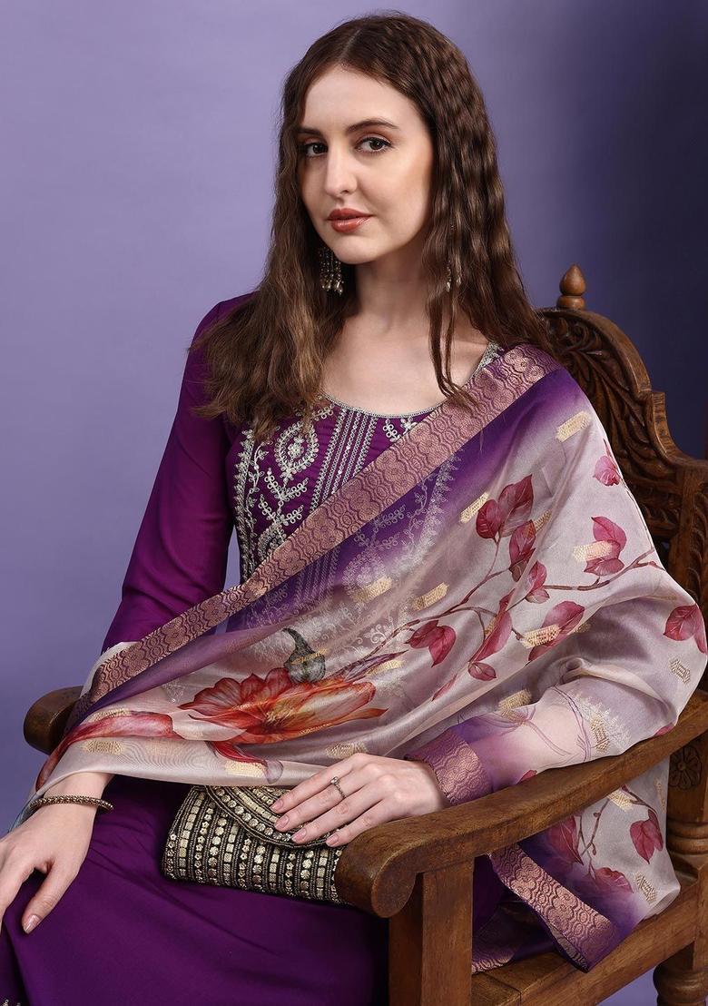 Violet Embroidered Silk Kurta Set - Indya