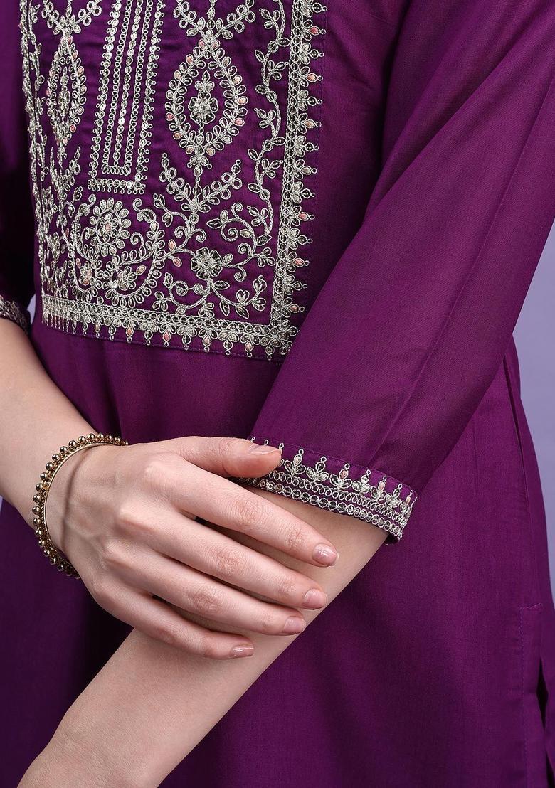 Violet Embroidered Silk Kurta Set - Indya