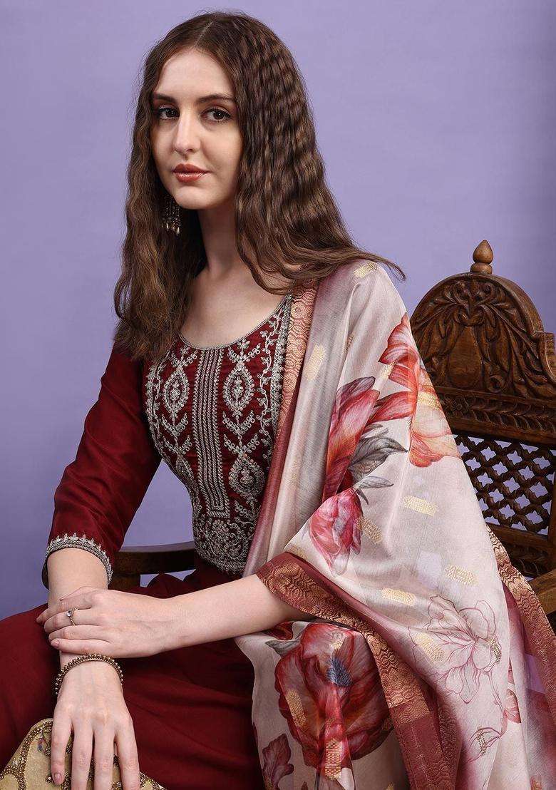 Maroon Embroidered Silk Kurta Set - Indya