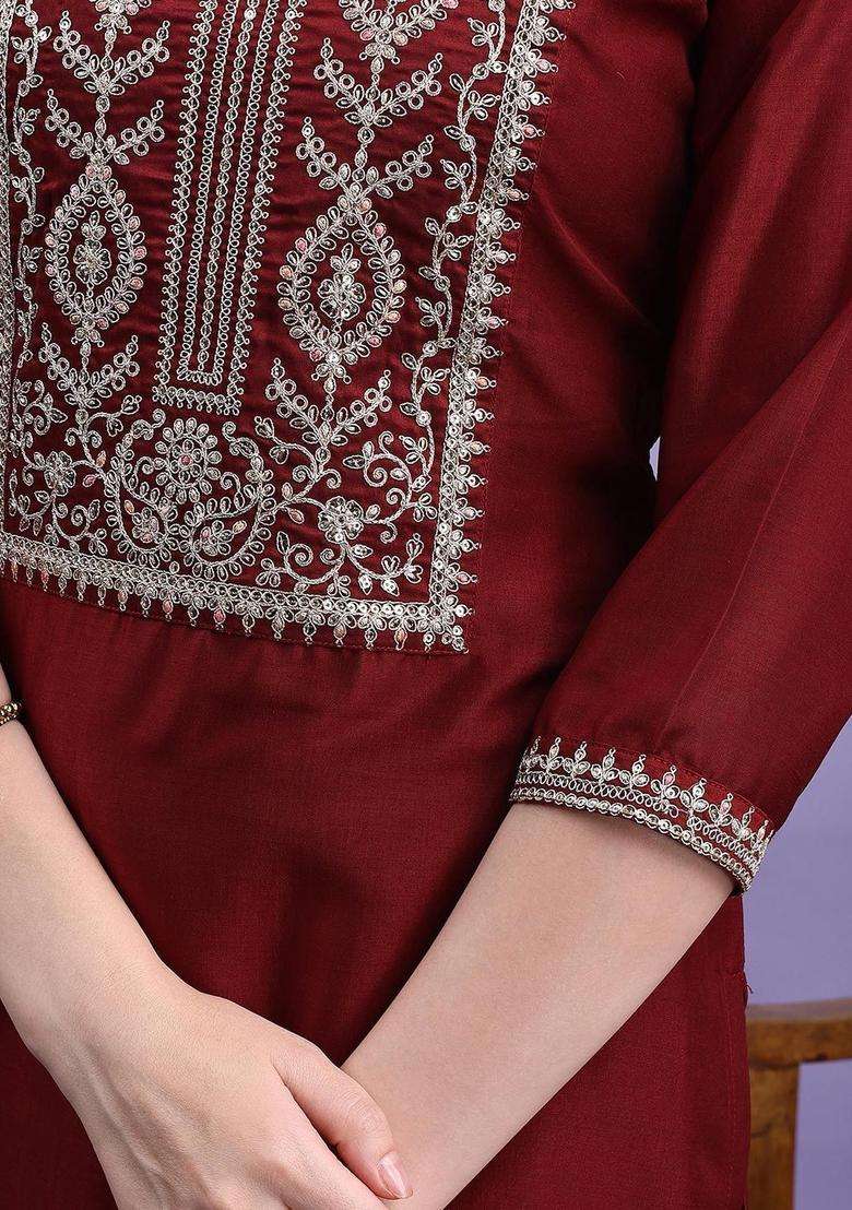 Maroon Embroidered Silk Kurta Set - Indya