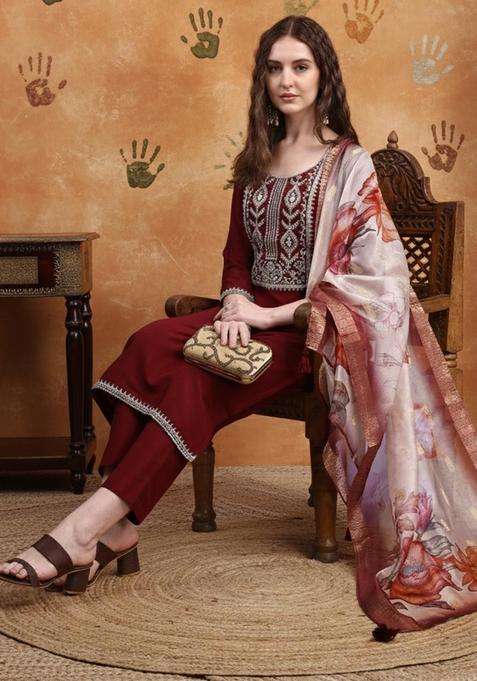 Maroon Embroidered Silk Blend Kurta Set